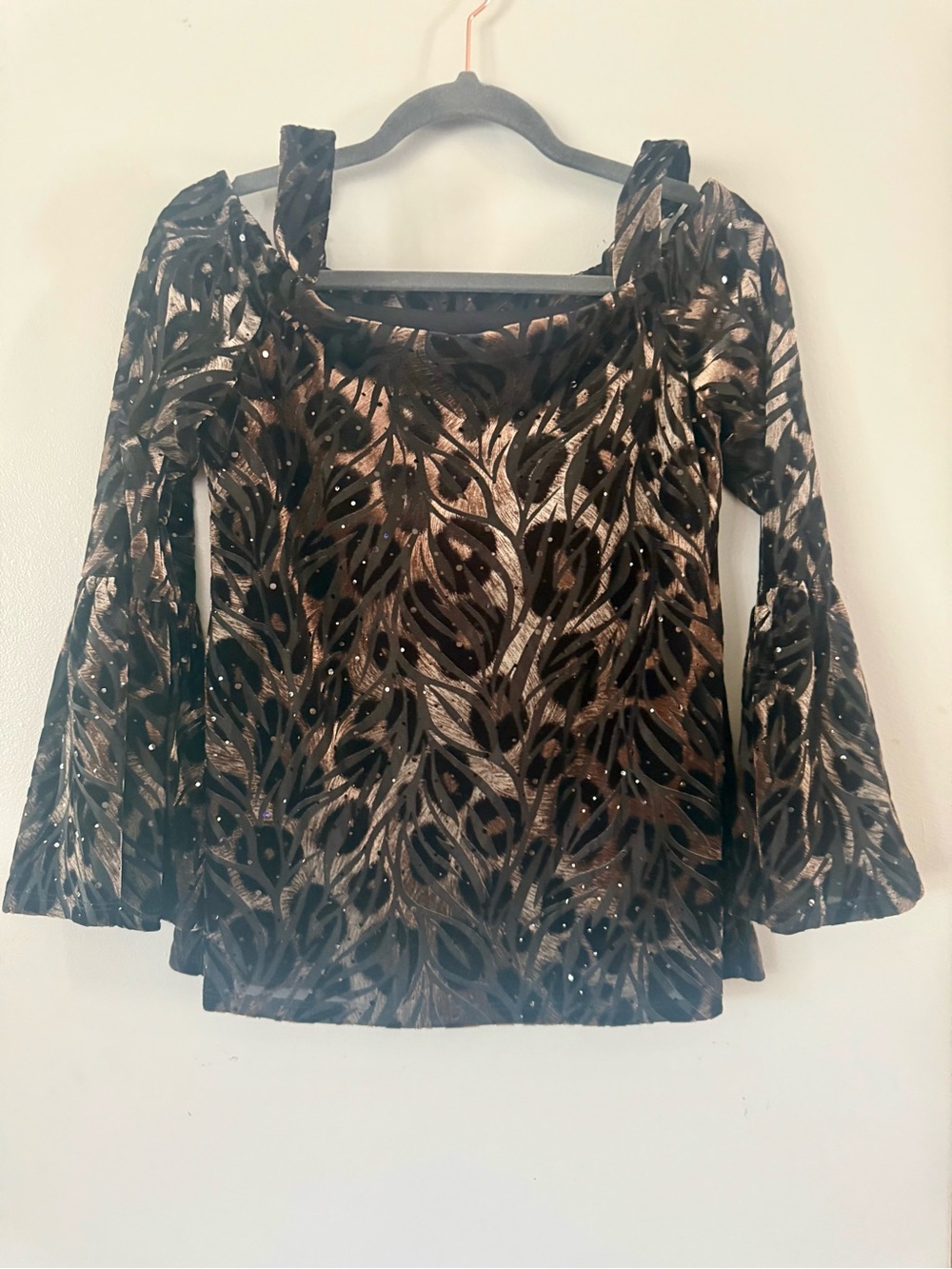 Frank Lyman Sequin Cold-Shoulder Burnout Blouse | Bell Sleeve Metallic Top